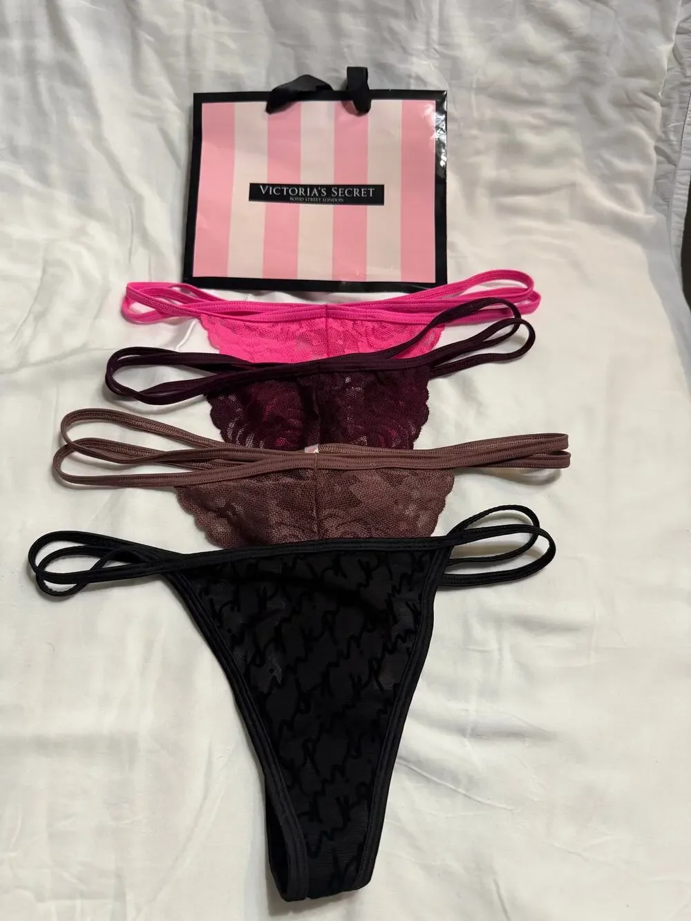 NWOT - Victoria’s Secret PINK Double Strap Cotton & Lace Thongs Size S